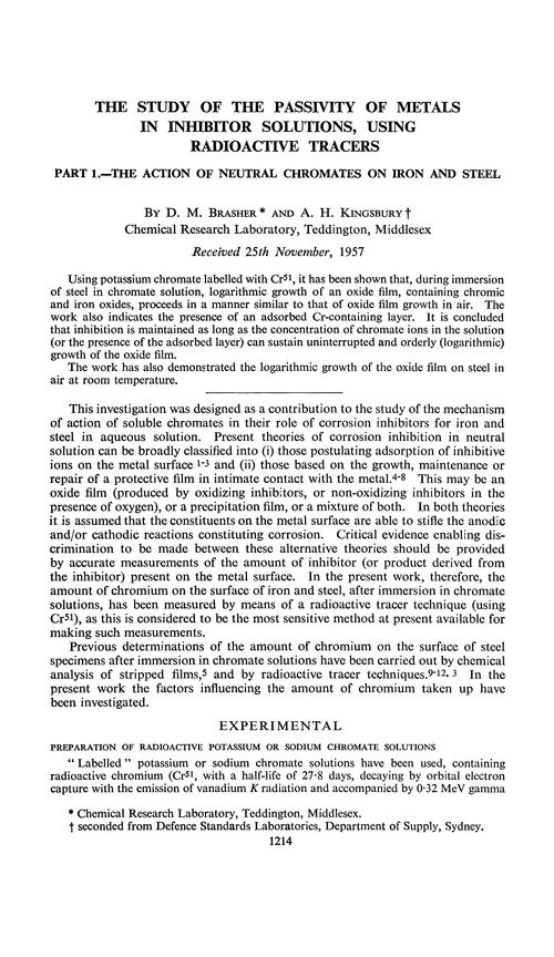 The study of the passivity of metals in inhibitor solutions, using radioactive tracers. Part 1.—The action of neutral chromates on iron and steel