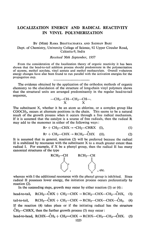 Localization energy and radical reactivity in vinyl polymerization