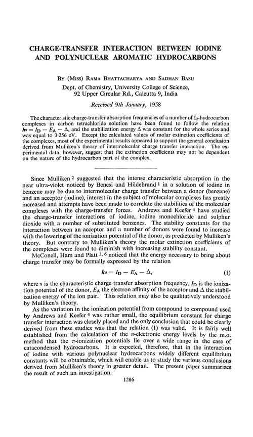 Charge-transfer interaction between iodine and polynuclear aromatic hydrocarbons