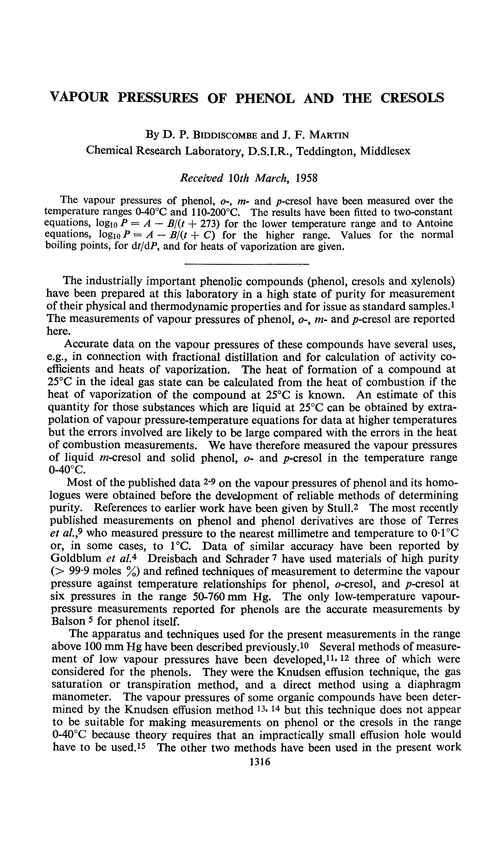 Vapour pressures of phenol and the cresols