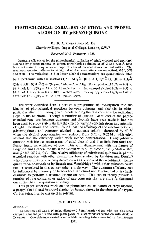 Photochemical oxidation of ethyl and propyl alcohols by p-benzoquinone