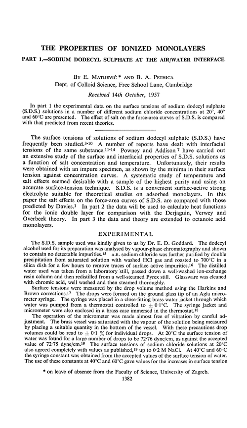 The properties of ionized monolayers. Part 1.—Sodium dodecyl sulphate at the air/water interface