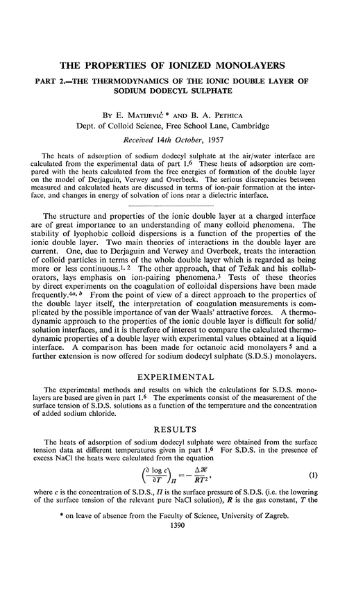 The properties of ionized monolayers. Part 2.—The thermodynamics of the ionic double layer of sodium dodecyl sulphate