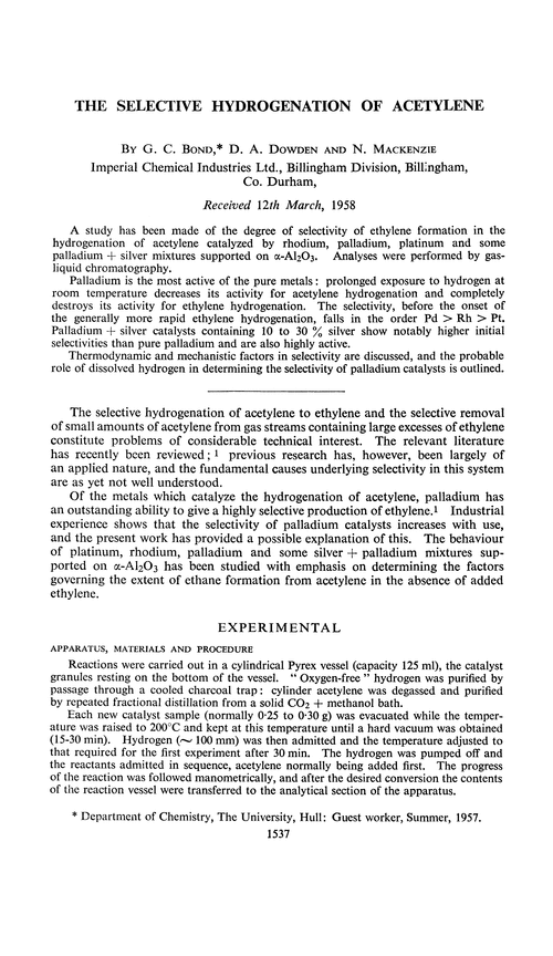 The selective hydrogenation of acetylene