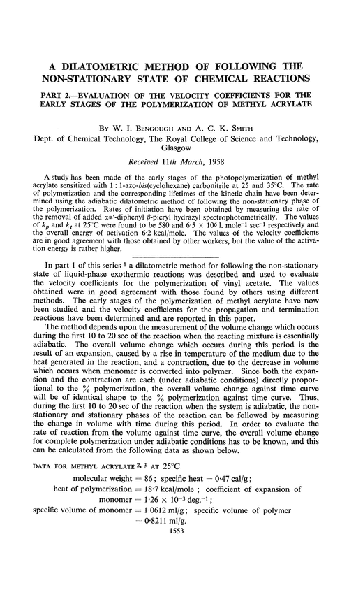 A dilatometric method of following the non-stationary state of chemical reactions. Part 2.—Evaluation of the velocity coefficients for the early stages of the polymerization of methyl acrylate