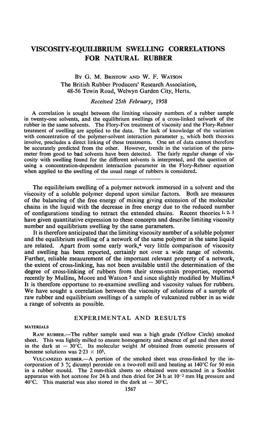 Viscosity-equilibrium swelling correlations for natural rubber