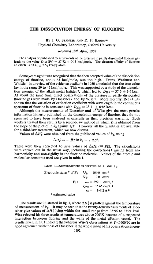 The Dissociation Energy Of Fluorine Transactions Of The Faraday Society Rsc Publishing