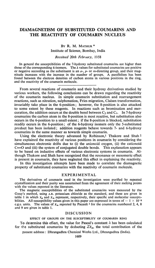 Diamagnetism of substituted coumarins and the reactivity of coumarin nucleus