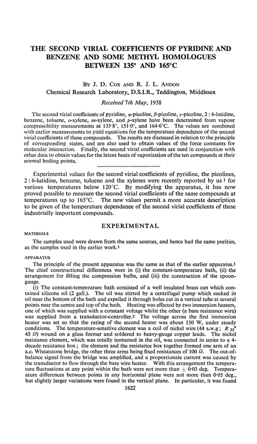 The second virial coefficients of pyridine and benzene and some methyl homologues between 135° and 165°C