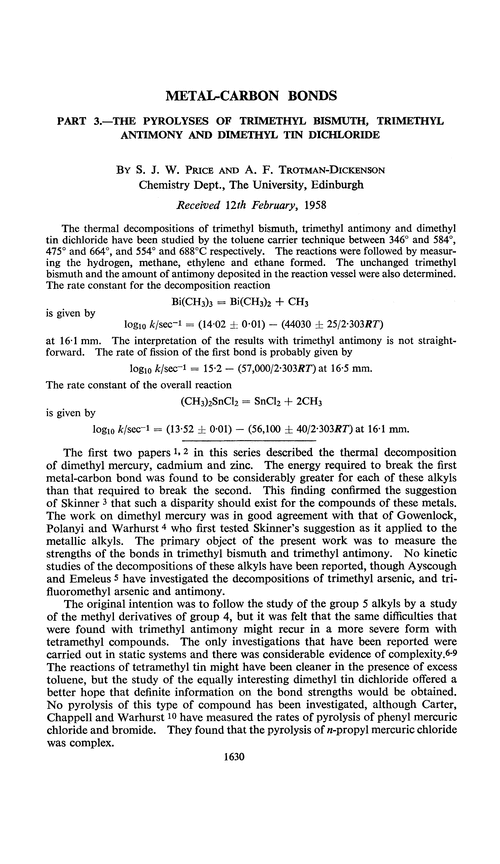 Metal-carbon bonds. Part 3.—The pyrolyses of trimethyl bismuth, trimethyl antimony and dimethyl tin dichloride