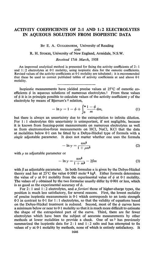 Activity coefficients of 2 : 1 and 1 : 2 electrolytes in aqueous solution from isopiestic data