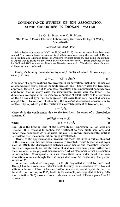 Conductance studies of ion association. Some chlorides in dioxan + water