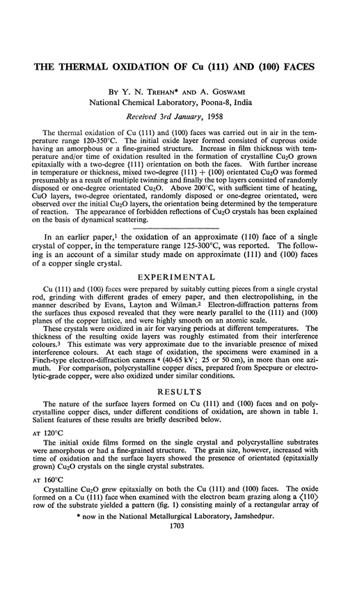 The thermal oxidation of Cu (111) and (100) faces