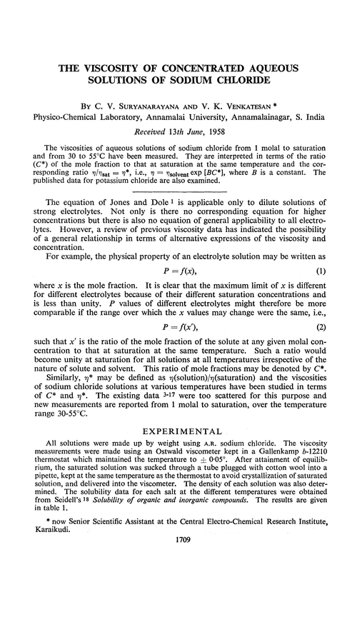 The viscosity of concentrated aqueous solutions of sodium chloride
