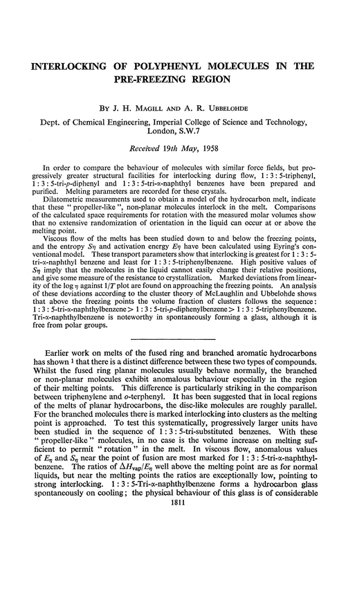 Interlocking of polyphenyl molecules in the pre-freezing region