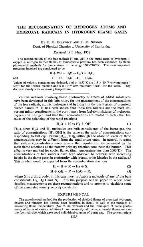 The recombination of hydrogen atoms and hydroxyl radicals in hydrogen flame gases