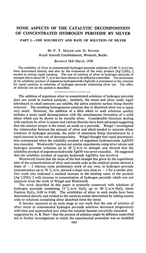 Some aspects of the catalytic decomposition of concentrated hydrogen peroxide by silver. Part 1.—The solubility and rate of solution of silver