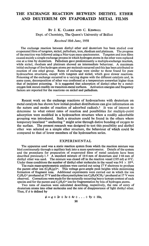 The exchange reaction between diethyl ether and deuterium on evaporated metal films