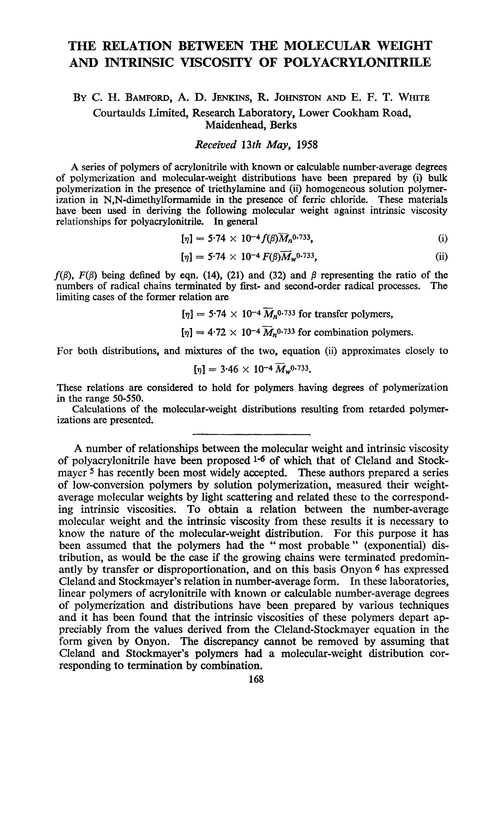 The relation between the molecular weight and intrinsic viscosity of polyacrylonitrile