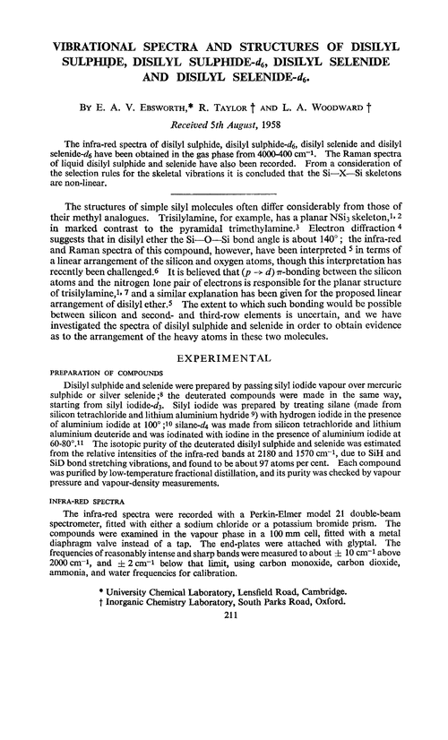 Vibrational spectra and structures of disilyl sulphide, disilyl sulphide-d6, disilyl selenide and disilyl selenide-d6