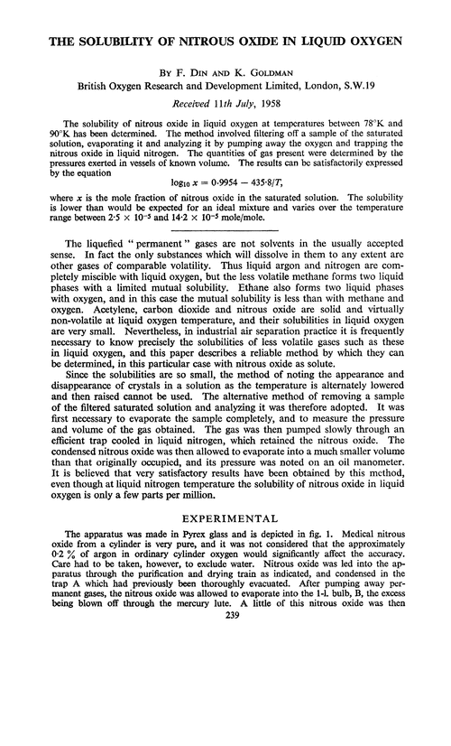 The solubility of nitrous oxide in liquid oxygen