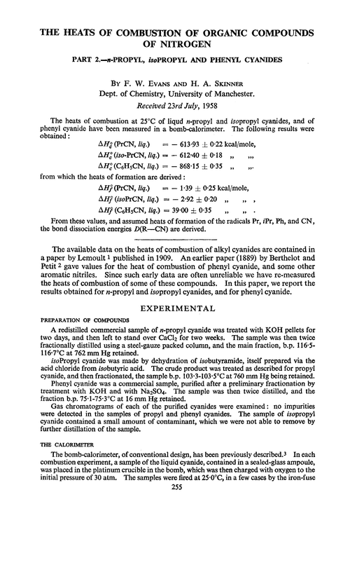 The heats of combustion of organic compounds of nitrogen. Part 2.—n-Propyl, isopropyl and phenyl cyanides