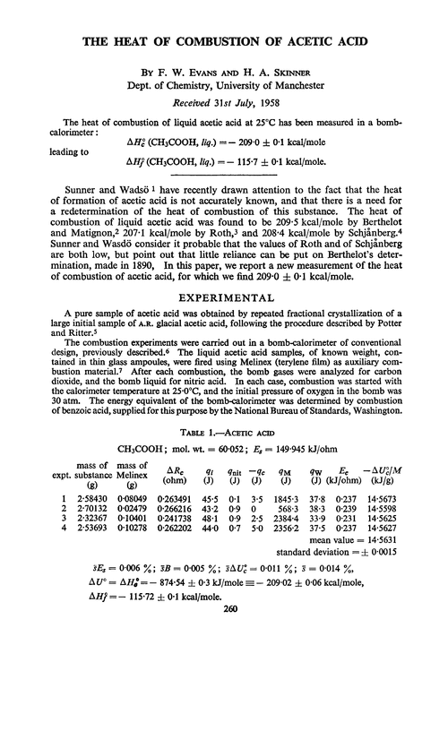 The heat of combustion of acetic acid