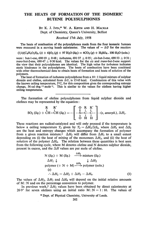 The heats of formation of the isomeric butene polysulphones