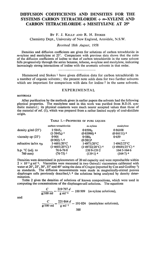 Diffusion coefficients and densities for the systems carbon tetrachloride +m-xylene and carbon tetrachloride + mesitylene at 25°