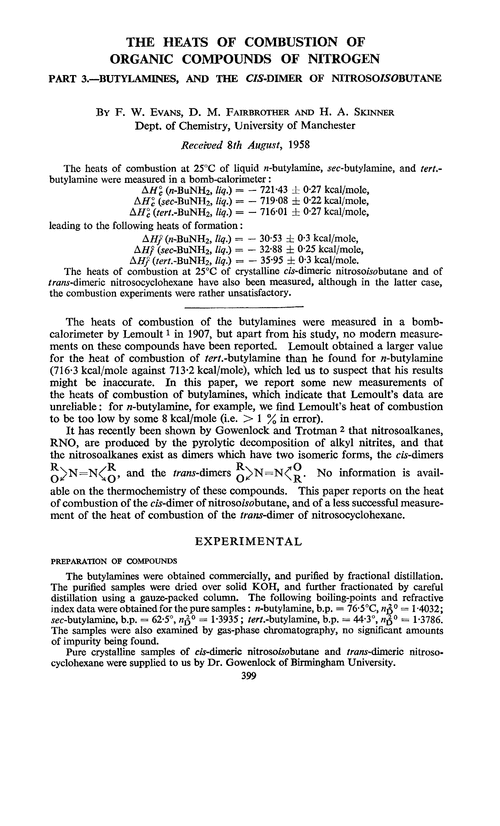 The heats of combustion of organic compounds of nitrogen. Part 3.—Butylamines, and the cis-dimer of nitrosoisobutane