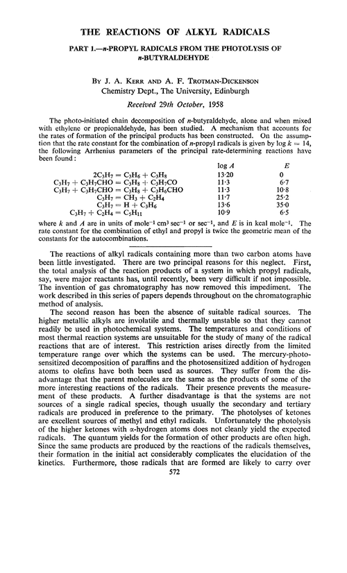 The reactions of alkyl radicals. Part 1.—n-Propyl radicals from the photolysis of n-butyraldehyde