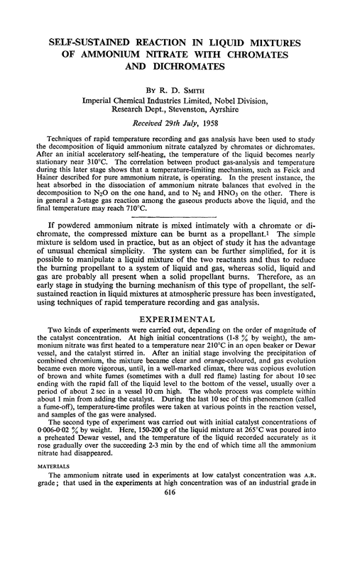Self-sustained reaction in liquid mixtures of ammonium nitrate with chromates and dichromates