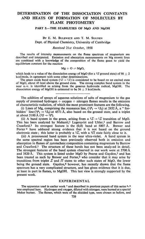 Determination of the dissociation constants and heats of formation of molecules by flame photometry. Part 5.—The stabilities of MgO and MgOH