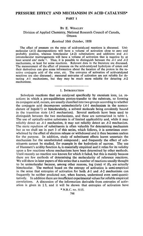 Pressure effect and mechanism in acid catalysis. Part 1