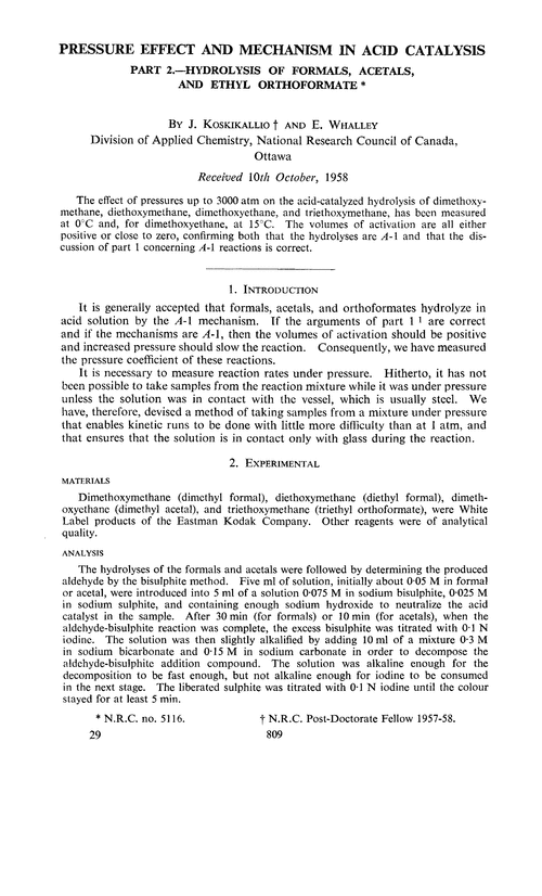 Pressure effect and mechanism in acid catalysis. Part 2.—Hydrolysis of formals, acetals, and ethyl orthoformate