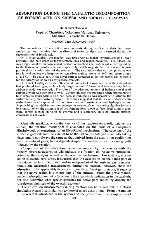 Adsorption during the catalytic decomposition of formic acid on silver and nickel catalysts