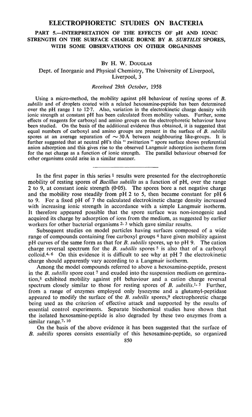 Electrophoretic studies on bacteria. Part 5.—Interpretation of the effects of pH and ionic strength on the surface charge borne by B. subtilis spores, with some observations on other organisms