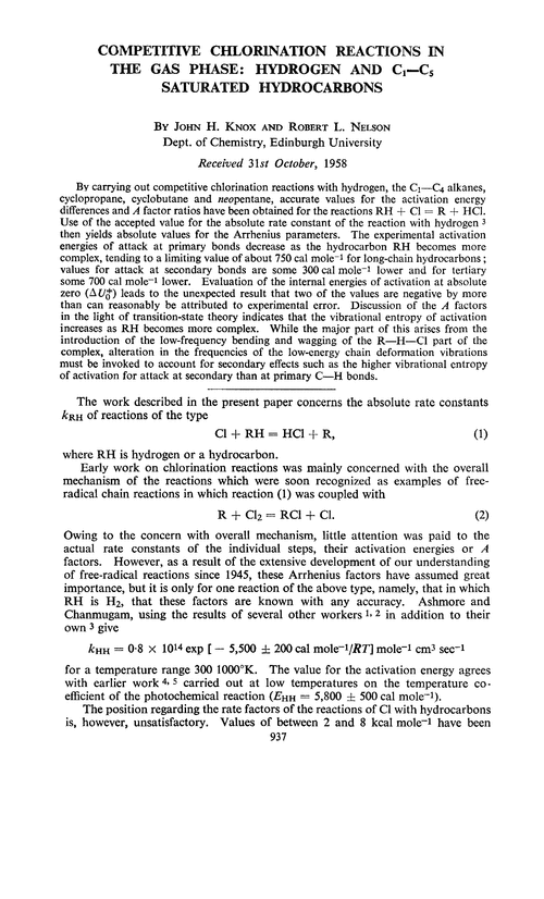 Competitive chlorination reactions in the gas phase: hydrogen and C1—C5 saturated hydrocarbons