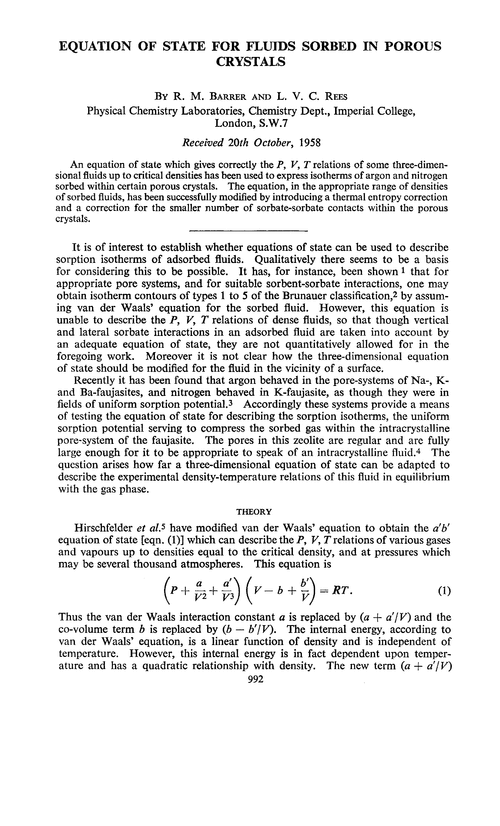 Equation of state for fluids sorbed in porous crystals