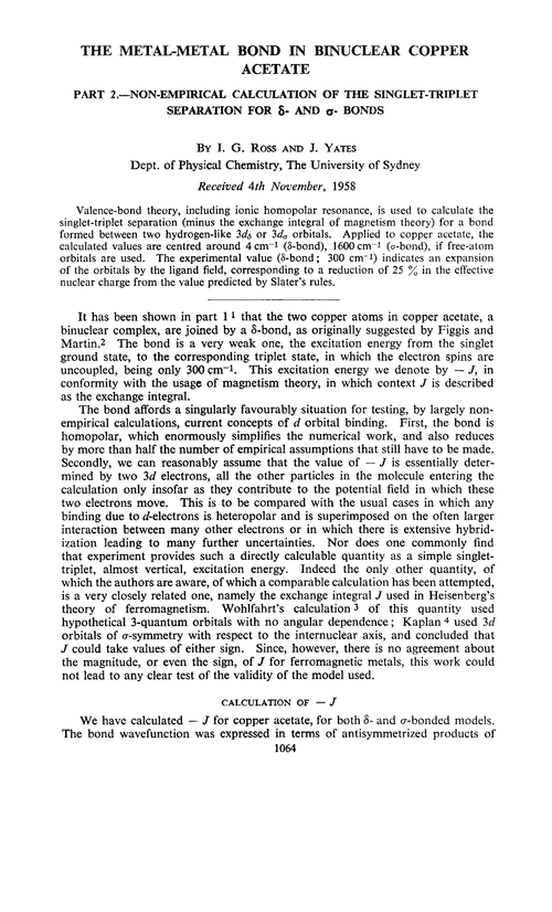 The metal-metal bond in binuclear copper acetate. Part 2.—Non-empirical calculation of the singlet-triplet separation for δ- and σ- bonds