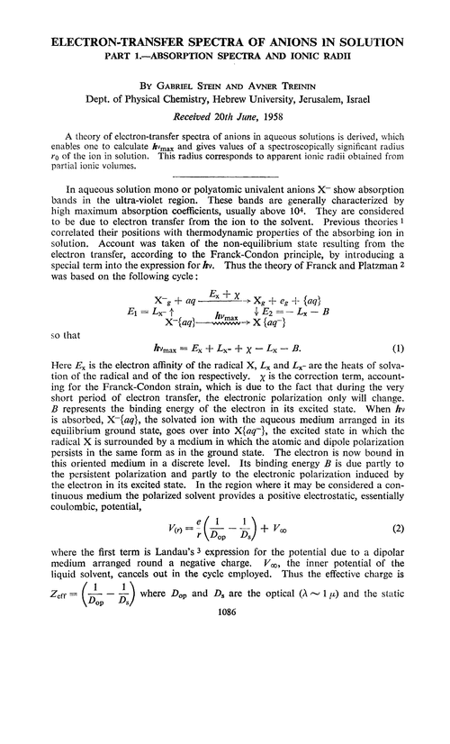 Electron-transfer spectra of anions in solution. Part 1.—Absorption spectra and ionic radii