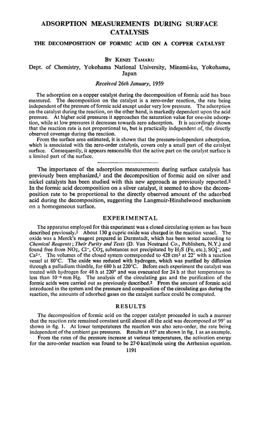 Adsorption measurements during surface catalysis. The decomposition of formic acid on a copper catalyst