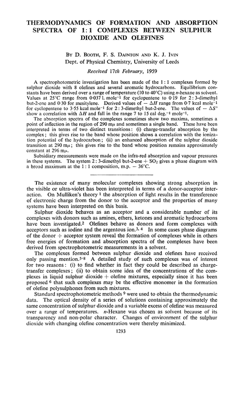 Thermodynamics of formation and absorption spectra of 1:1 complexes between sulphur dioxide and olefines