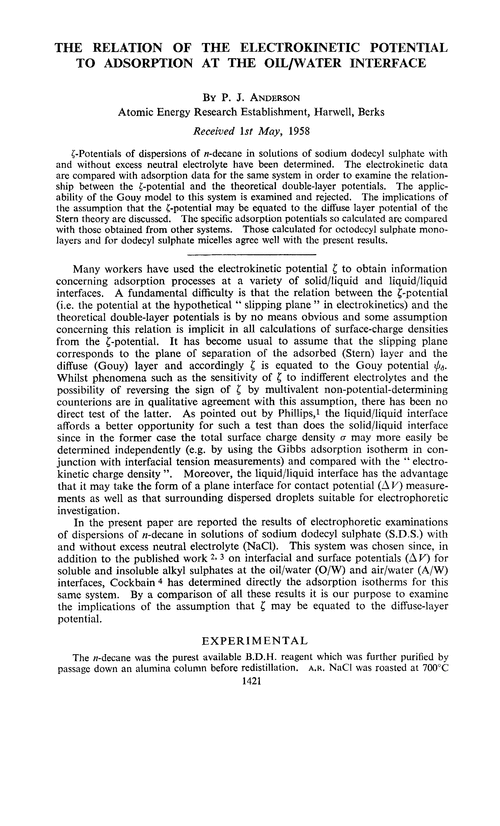 The relation of the electrokinetic potential to adsorption at the oil/water interface