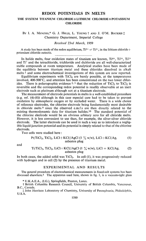 Redox potentials in melts. The system titanium chloride + lithium chloride + potassium chloride