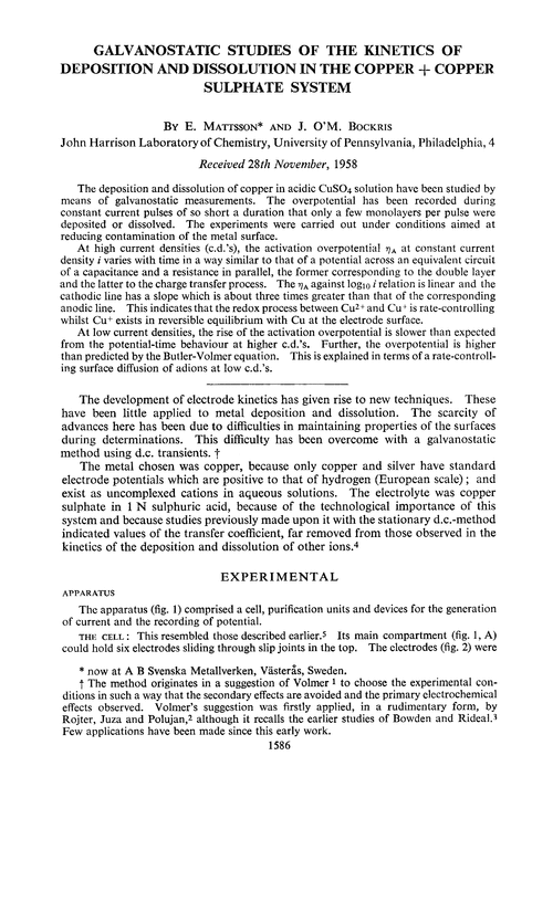 Galvanostatic studies of the kinetics of deposition and dissolution in the copper + copper sulphate system