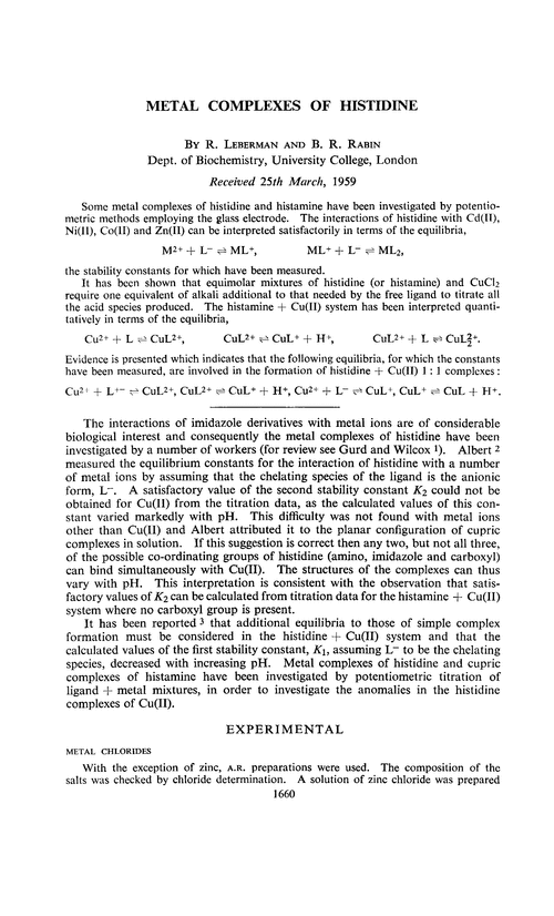 Metal complexes of histidine