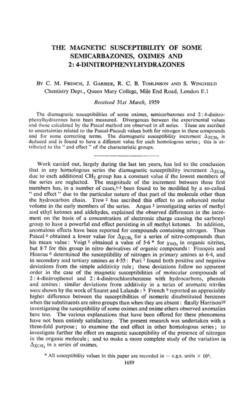 The magnetic susceptibility of some semicarbazones, oximes and 2:4-dinitrophenylhydrazones