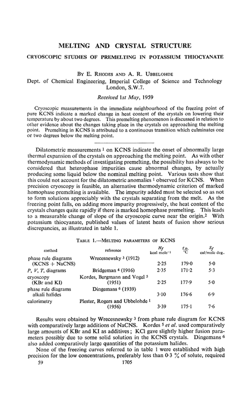 Melting and crystal structure. Cryoscopic studies of premelting in potassium thiocyanate