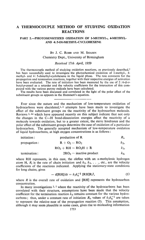 A thermocouple method of studying oxidation reactions. Part 2.—Photosensitized oxidation of 1-methyl-, 4-methyl- and 4:5-di-methyl-cyclohexene